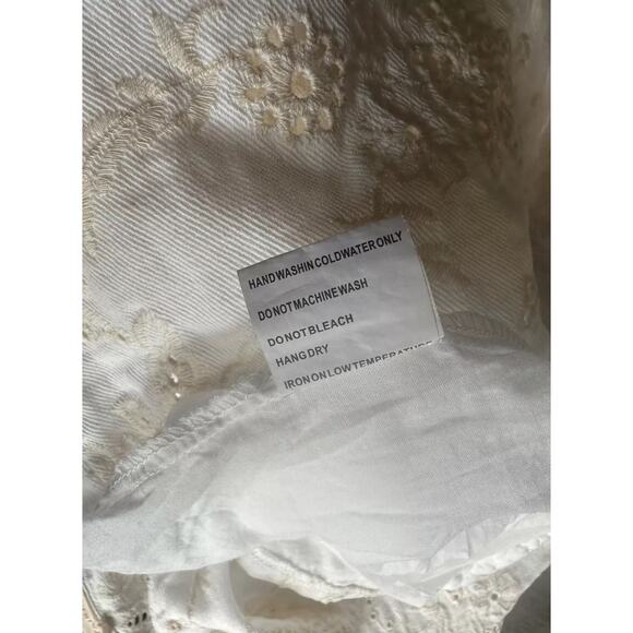 Solitaire Women Denim Dress S White Floral Belted Short Sleeve w/ Pockets - Picture 15 of 16